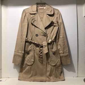 DKNY Trench Jacket Women M Stitched Cotton Stretch Double Breasted Belted Taupe